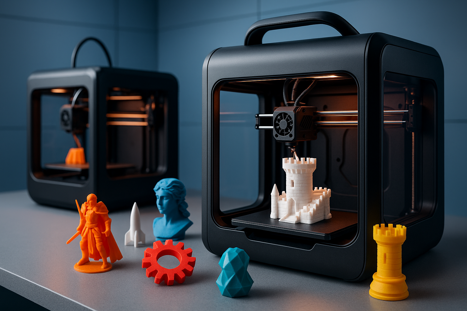 A modern and visually striking hero image for a technology website, featuring 3D printers actively printing detailed miniatures and models. The scene includes colorful, high-quality 3D printed objects on the table, a sleek, futuristic printer in action, and soft, professional lighting. The composition conveys innovation, creativity, and precision in 3D printing, with a clean, tech-inspired background suitable for a website hero section.